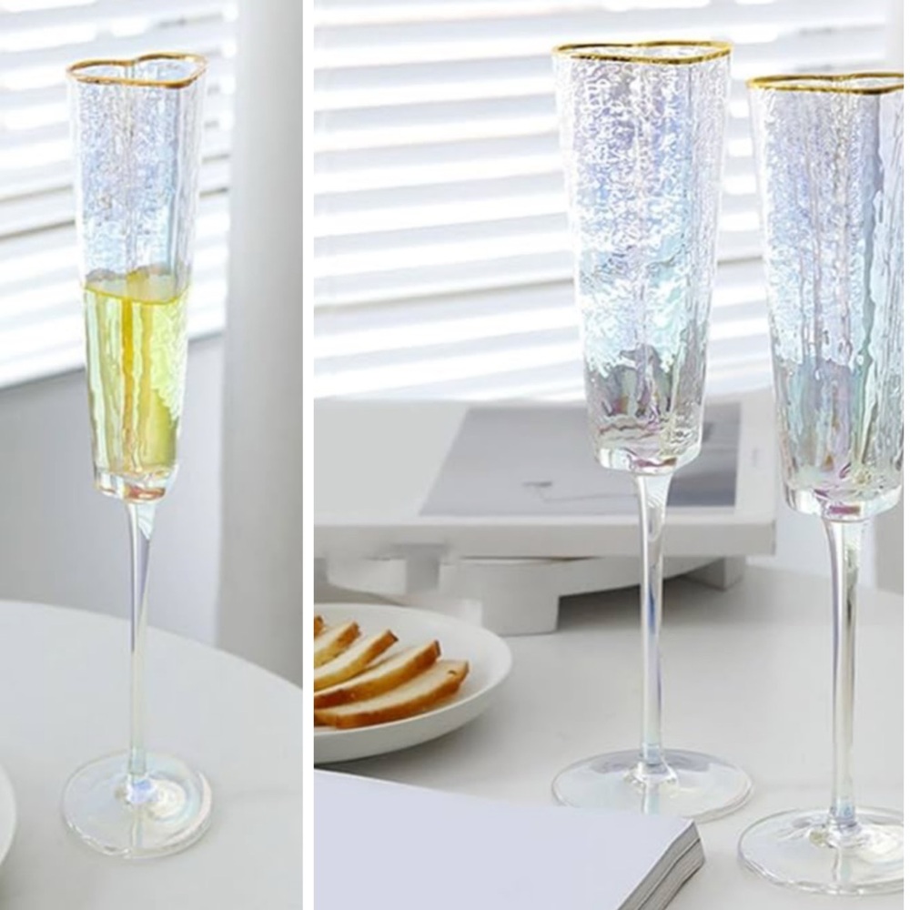 David Tutera Iridescent Heart Shaped Champagne Flutes with Gold Rim Set of 2